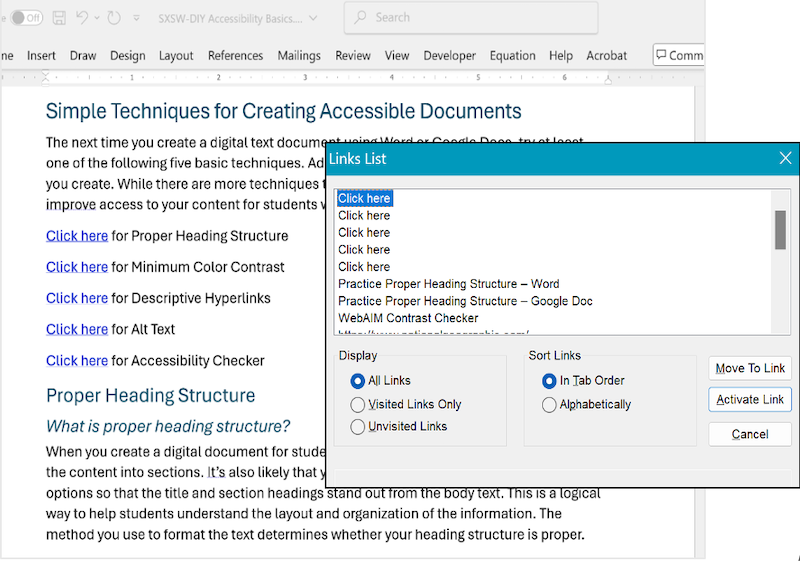 Screenshot of document and links list window.