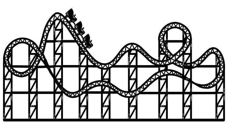 Illustration of a roller coaster train of cars descending a steep hill, demonstrating energy conversion as it gains speed downhill.