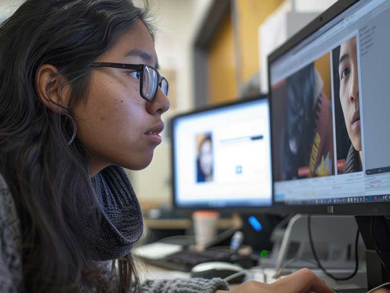 Student working with video on a computer