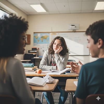 Middle school student disengaging from a group discussion