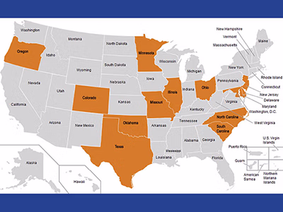 Map of the US with the 12 states that address accessibility in DEM in a darker color