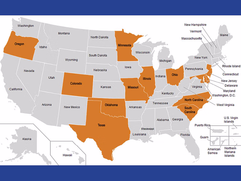 Map showing the United States, with 12 states highlighted.
